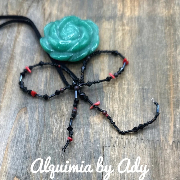 Babydoll choker Onyx/red coral/suede short necklace/bow silhouette adjustable - Picture 3 of 5